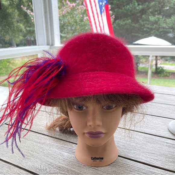 Vintage David & Young 90’s Angora Red Feather Plume Women's Hat - Picture 1 of 3